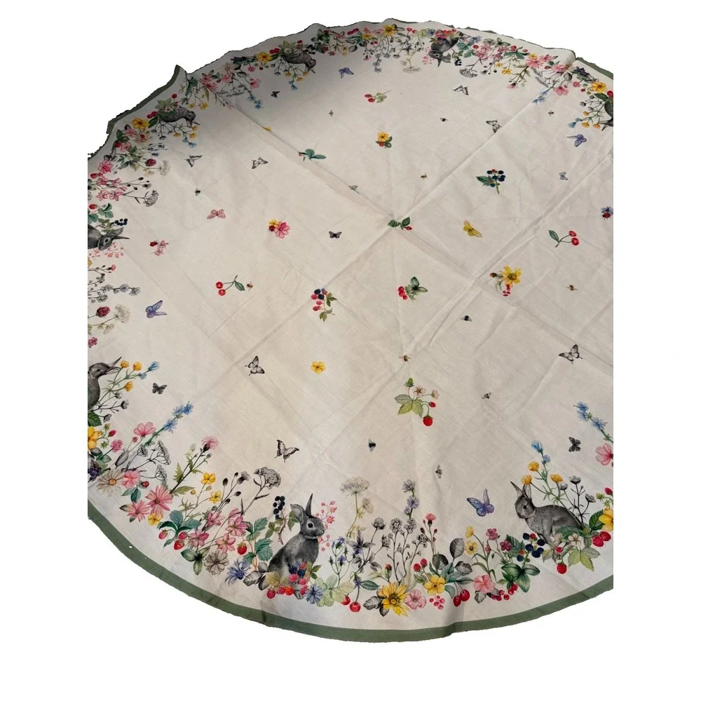 Spring Bunny Rabbit Wildflower Round Tablecloth Cottagecore Floral Wreath Berry